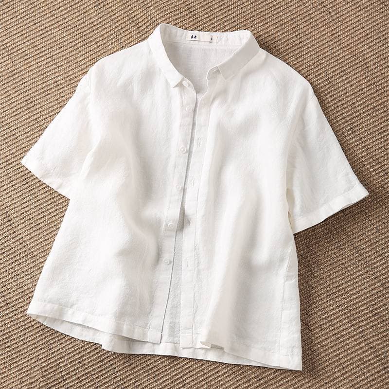 Summer Linen Thin Style Solid Color Retro Short Sleeved Shirt Top Women's Suit Collar Short Style Small Versatile Blouses & Shirts M white