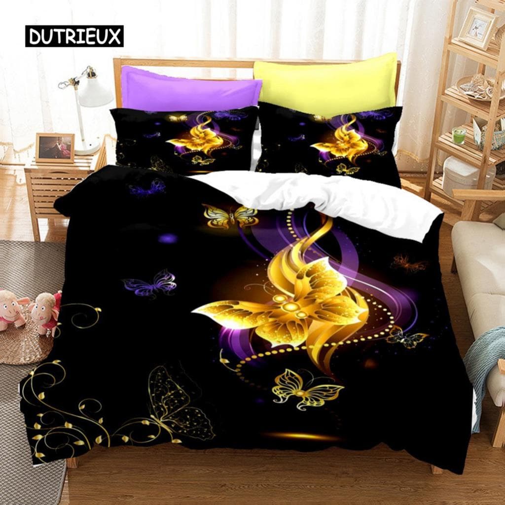 Black Gold Butterfly Bedding Set Luxury Black Duvet Cover 2/3Pcs Printed Comforter Bedding Sets For Adults Bed Set Room Decor EU single(135x200cm)