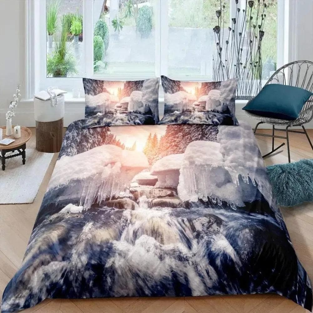Smoky Mountain Duvet Cover Set Misty Forest Bedding Set Full Queen Size Grey Trees Natural Scenery Art Comforter Cover 228X228cm-3pcs