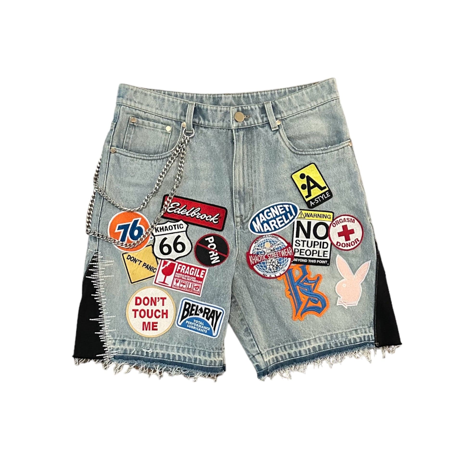 RogueWave Streetwear Retro Patchwork Denim Short Y2K Jeans Men Women Hip Hop Cartoon Graphics Retro Blue Loose Denim Fitness Casual Shorts S