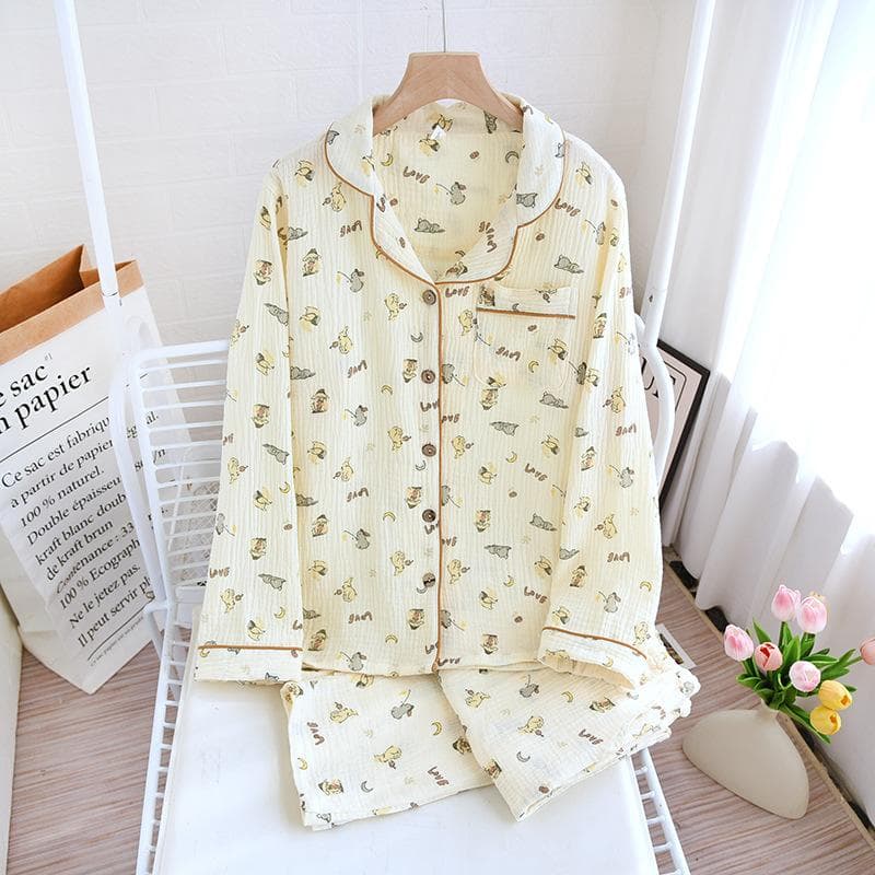 Spring and Summer Pajamas Cotton Printed Home Clothes Women's Casual Pajamas Sexy Lapel 2-piece Set Pajamas Loose Home Clothes Pajamas XL