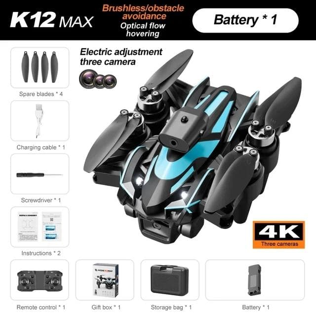 New K12 Pro Remote Control Drone ESC Three HD Cameras Brushless Foldable Helicopter 360° Radar Obstacle Avoidance WIFI FPV Quadcopter Toy 1 battery black