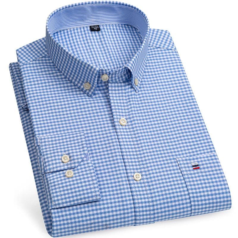Cotton Oxford Shirt Plus Size S~7XL Casual Business Men Plaid Shirts Checkered Design Regular Fit Long Sleeve with Front Pocket Man's Blouses 3XL