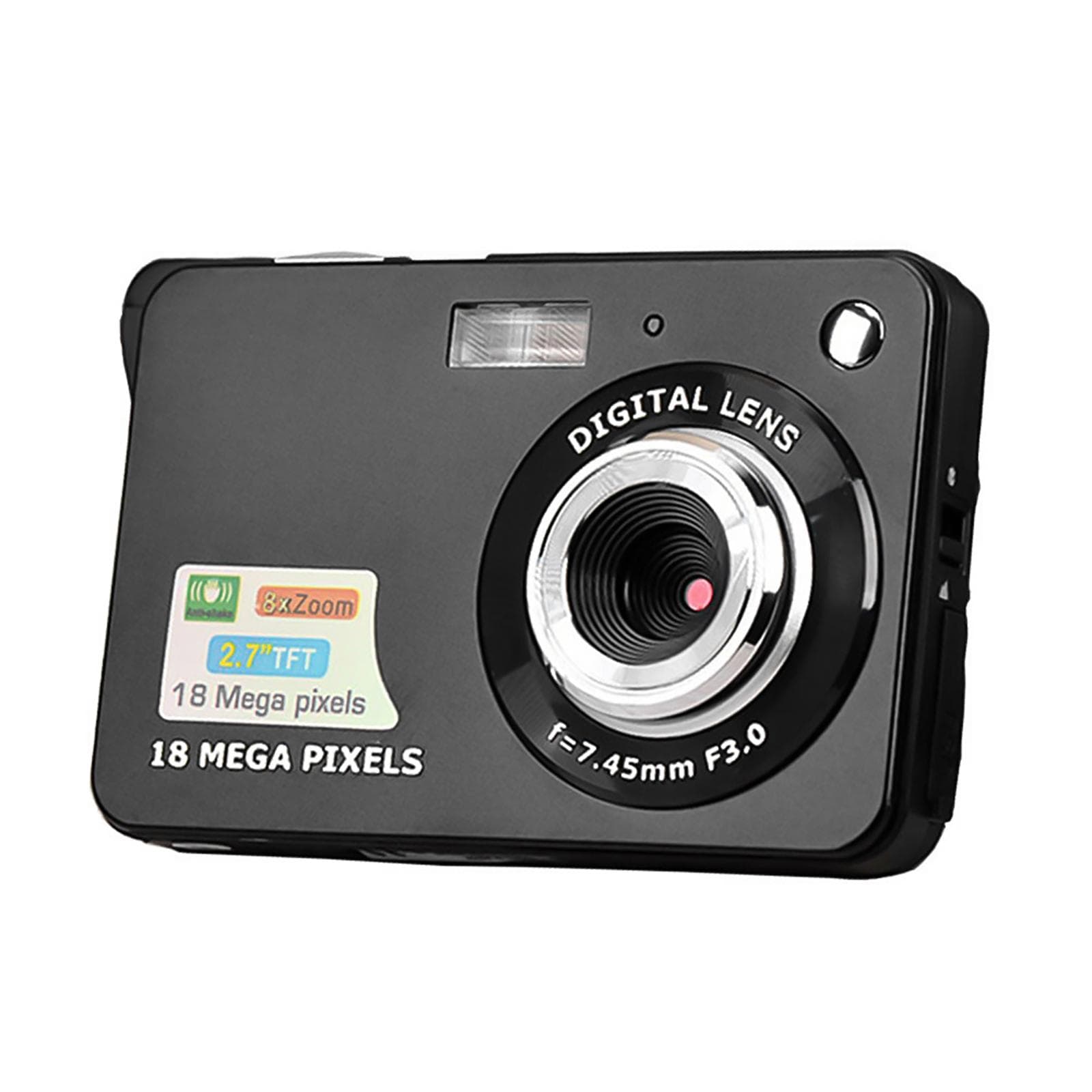 Digital Camera Mini Pocket Camera 18MP 2.7 Inch LCD Screen 8x Zoom Smile Capture Anti-Shake with black