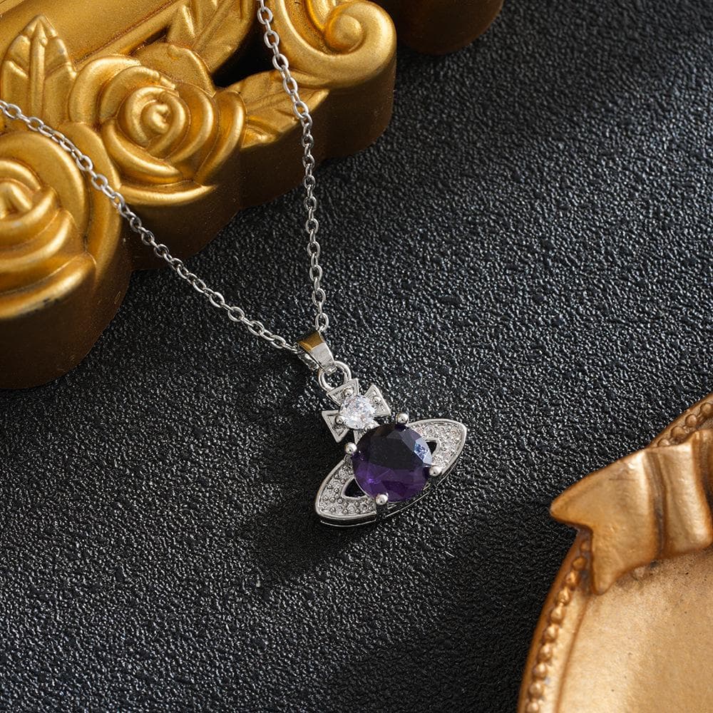 European & American Luxury Zircon Universe Saturn Necklace purple/silver