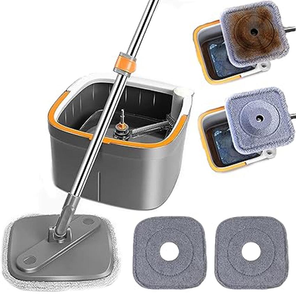 Self-Wash Spin Mop Flat Floor Microfiber Mop and Bucket System Set for Hardwood, Laminate, Tile, 2 Mop Pads grey