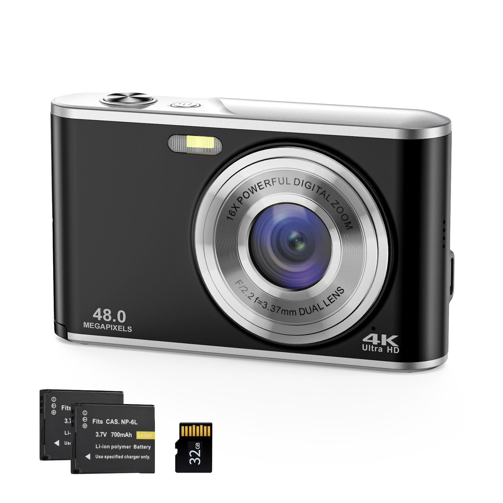 Kids Camera 4K Digital Camera Video Camera with Flash Light 1/4in Screw Hole 48MP Dual Lenses 16X black