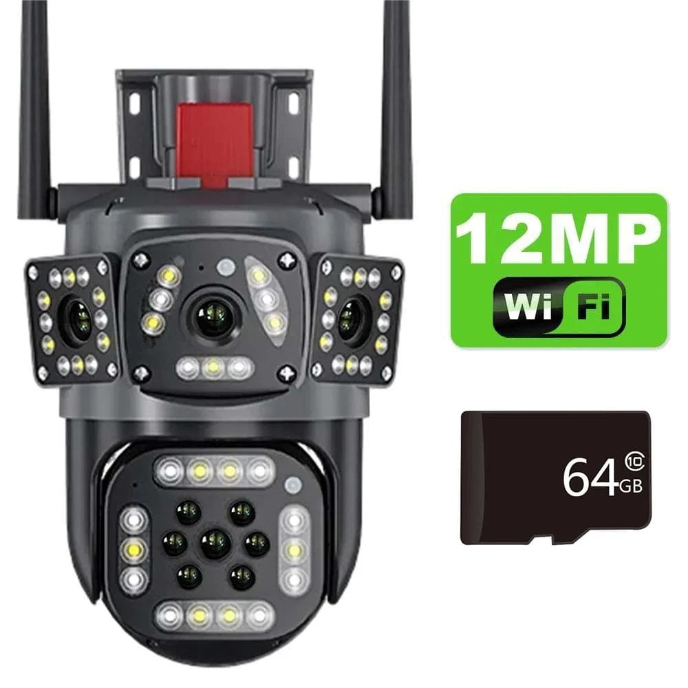 2024 New 12MP 6K PTZ IP Camera Multi-Lens Three Screen Auto Tracking Ai Human Detection Wireless Security CCTV Surveillance Cameras 12MP Add 64G SD