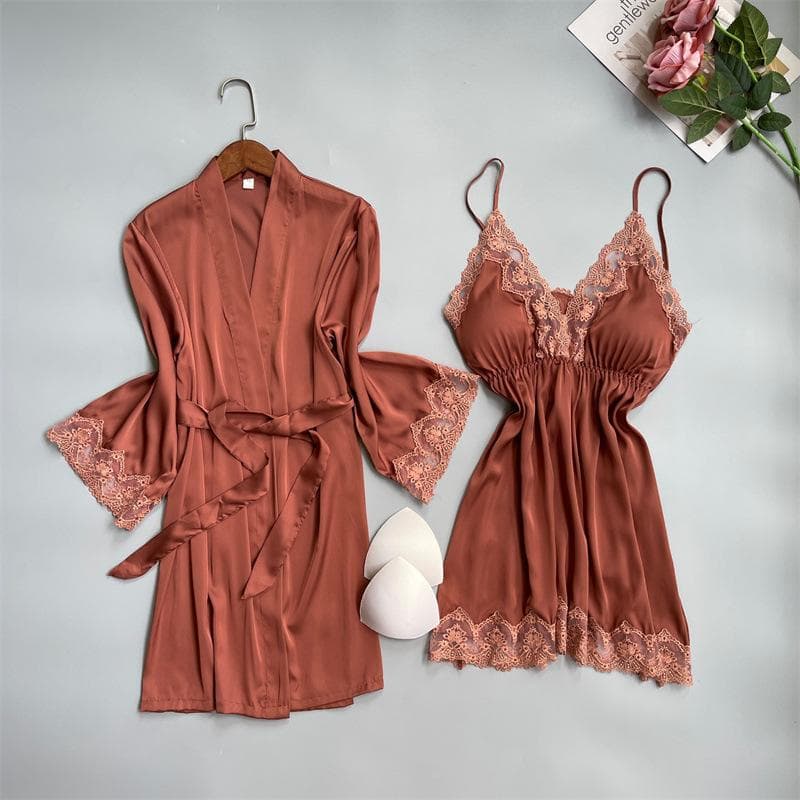 Women's 2PCS Robe Set Nightgown Embroider Lace Wedding Bathrobe Gown Sexy Satin Sleepwear Summer Home Wear Nightdress Lingerie L