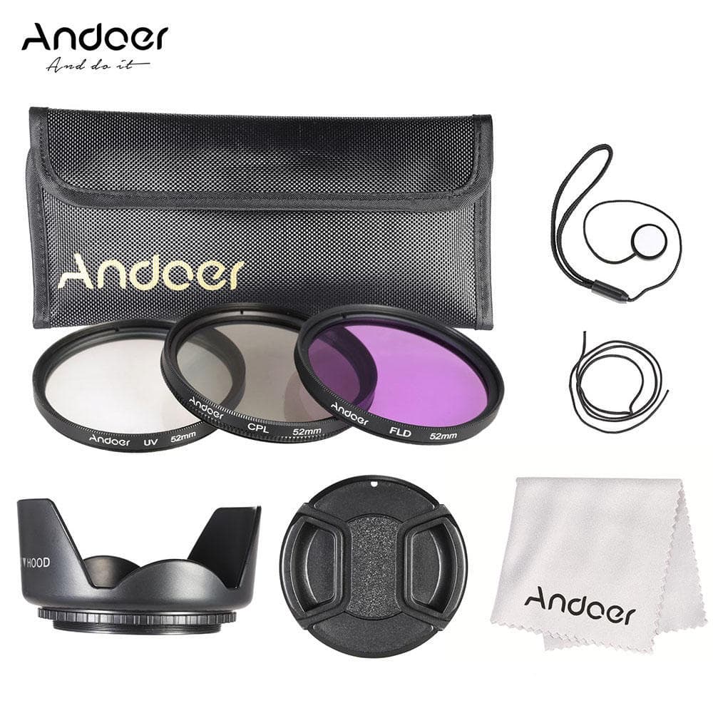 Andoer 52mm Filter Kit (UV+CPL+FLD) + Nylon Carry Pouch + Lens Cap + Lens Cap Holder + Lens Hood + 52 mm