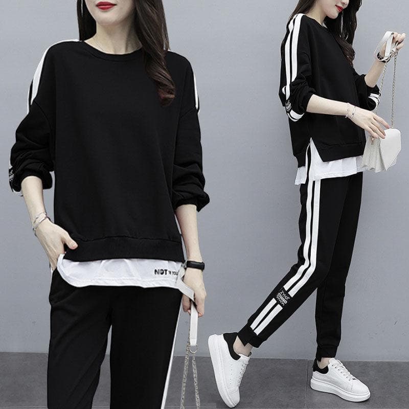 Large Size Women's Spring and Autumn Tracksuit 2 Piece Set Pullover Top Long Pants Sports Suit XXL black