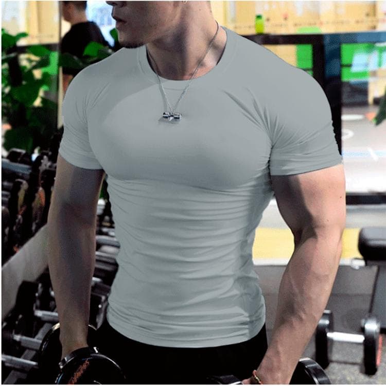 Large Size Men's Summer Fashion Solid Sports T-Shirt Teenagers Short Sleeve Round Collar Top S light gray