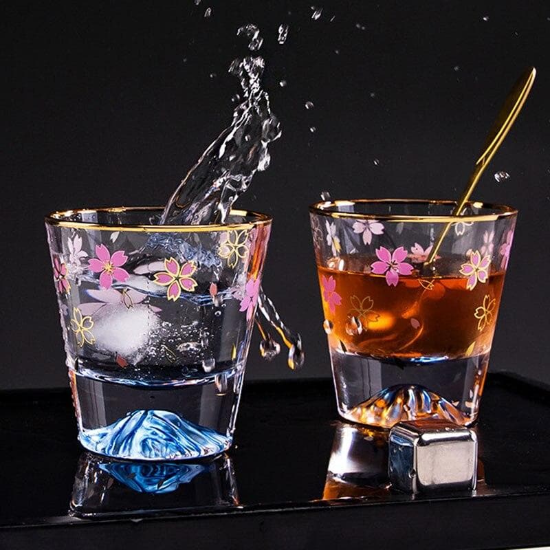 1Pcs 260ml Japan's Mount Fuji Cherry blossoms Glass Cup Transparent Golden Edge Coffee Mug Beer Whiskey Cup Heat Resistant Milk Juice Mug