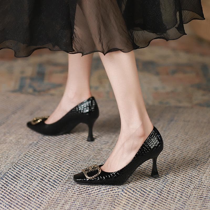 Square Head Stiletto High-heeled Shoes Women's Autumn New Korean Version of Metal Square Buckle Shoes Women's High-heeled Shoes 40