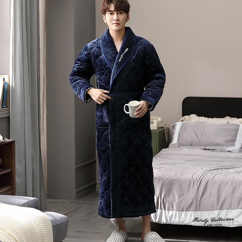 Thick 3 Layers Warm Winter Bathrobe Men Soft Flannel Quilted Long Kimono Bath Robe Male Dressing Gown for Mens Coral Fleece Robe 3XL