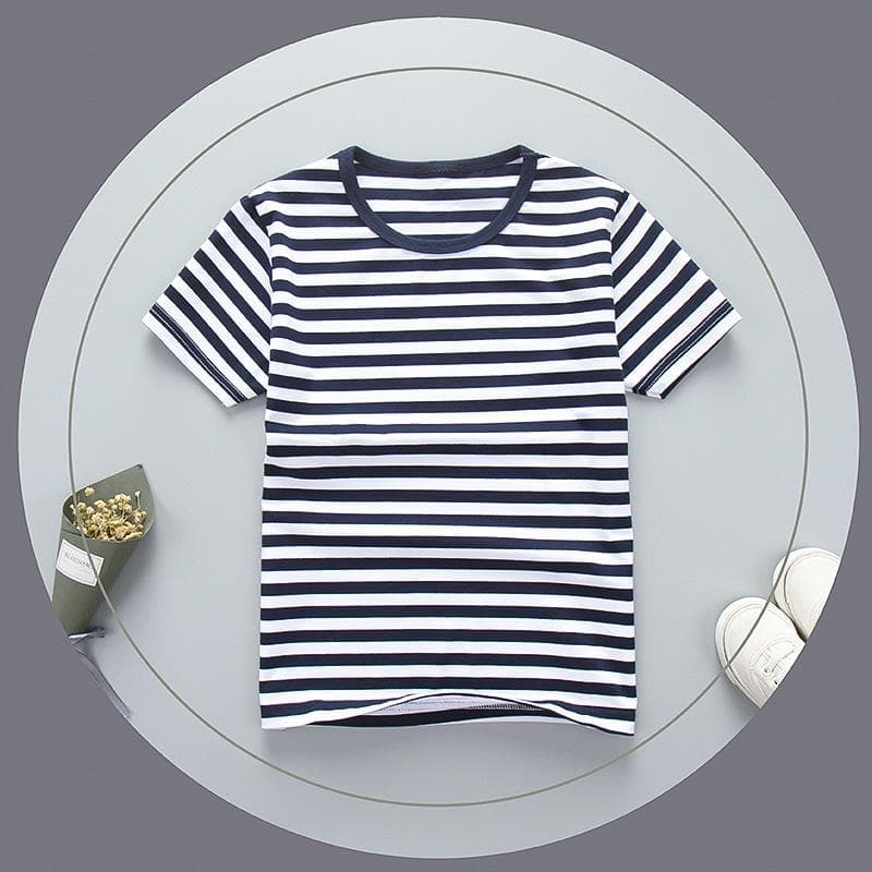 Summer Children's Round Neck Short-sleeved Pure Cotton Striped T-shirt Hot Weather Stretch 120cm black