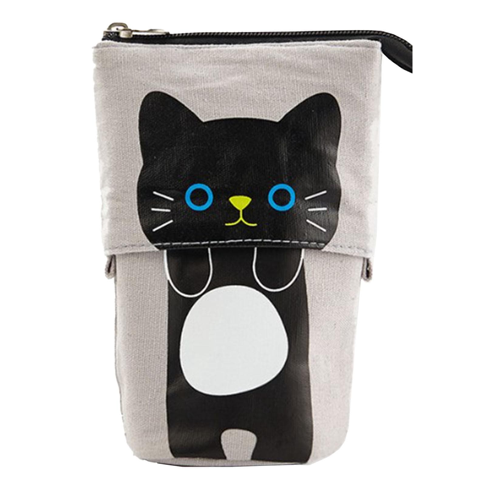 Standing Pencil Case Black Cat Style Telescopic Premium Canvas Smoothing Zipper Pencil Pouch for