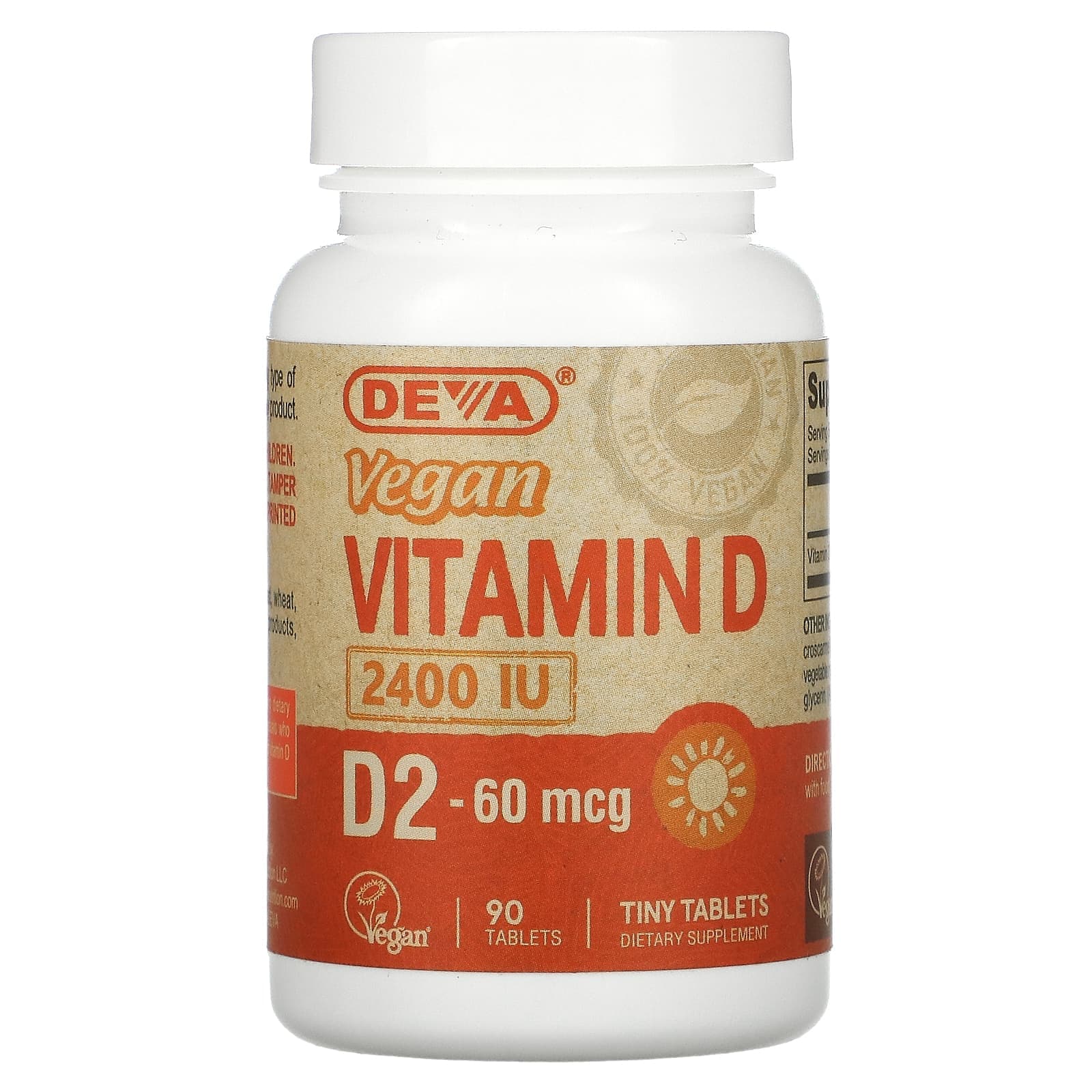 Deva, vegan vitamin D2, 60mcg (2,400IU), 90 tablets
