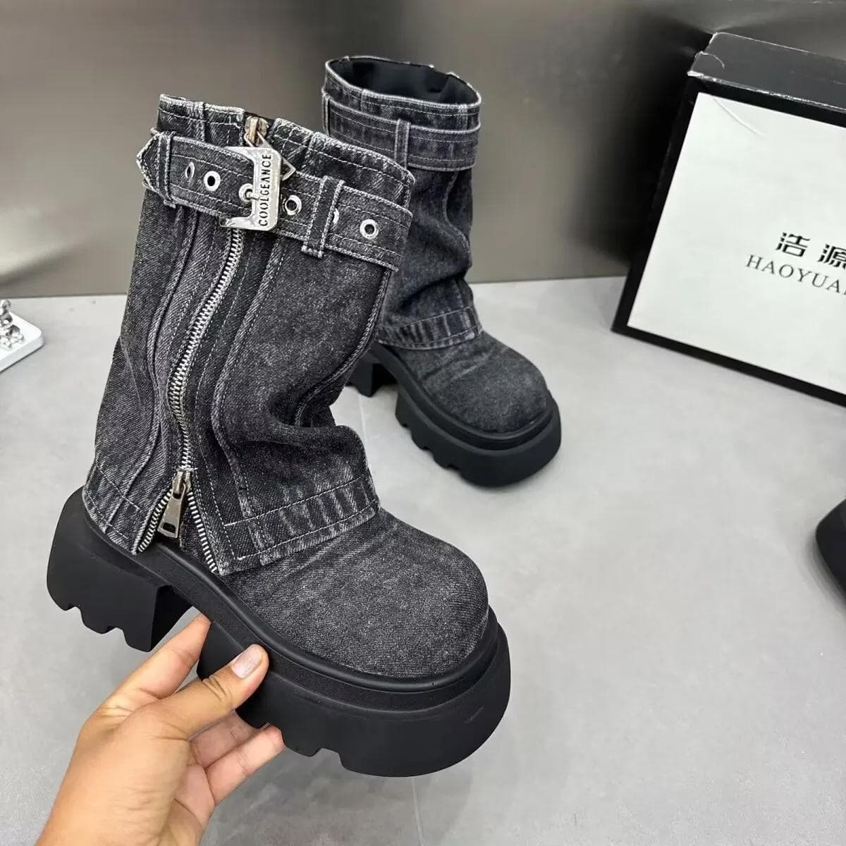 Fashion Denim Women Boots for Cowboy Mid-calf Boots Zipper Ladies Platform Boots Mid Heels Designer Shoes 2024 Motorcycle Boot Zapatos 37 black