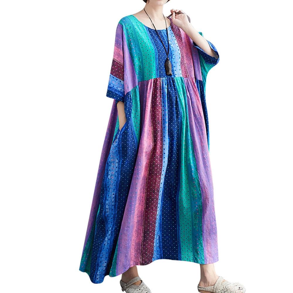 Women Cotton Linen Dress Floral Print Pockets Mid-Calf Loose O-Neck Short Sleeves Plus Size Casual one size multicolour