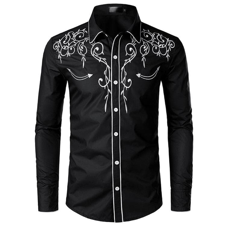 Mens Western Cowboy Embroidered Shirt Slim Fit Casual Long Sleeve Button Down Party Shirts S-2XL XXXXL black