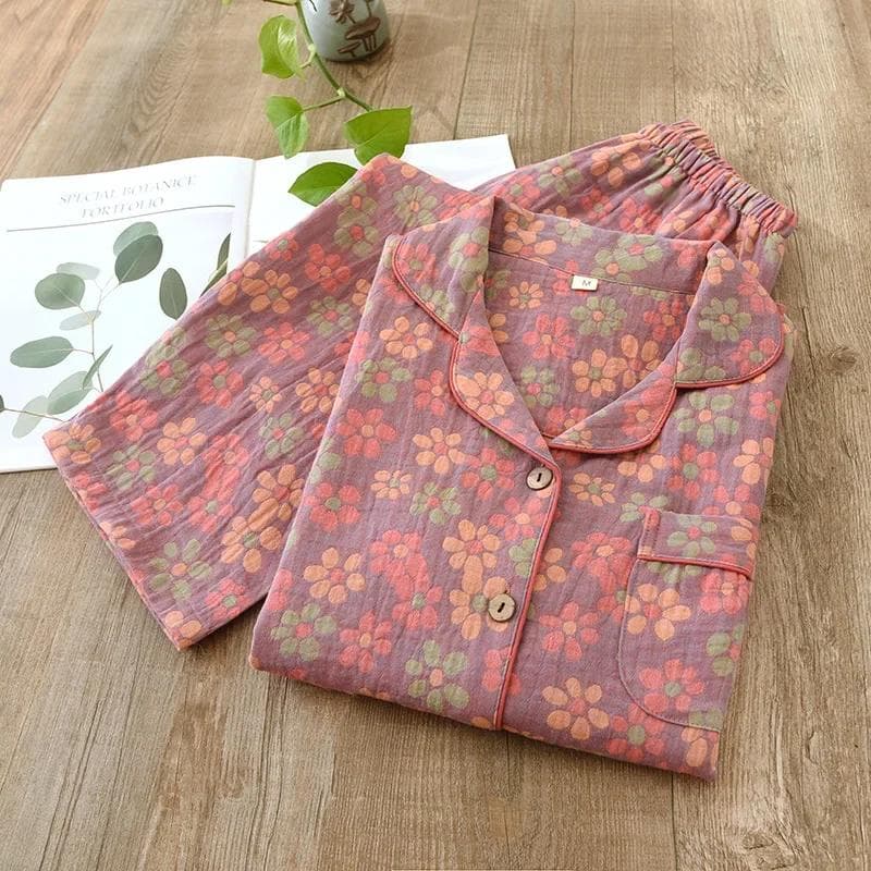 New Spring/Summer Pajama Set 100% Cotton Fragmented Flower Long Sleeved Pants Two Piece Buckle Set Ladies XXL