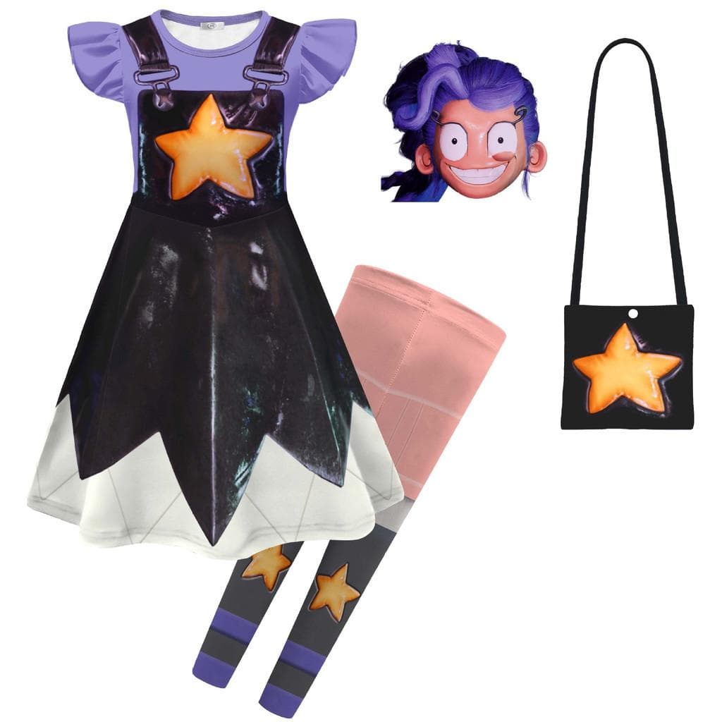 Kids Girls Cartoon Bobi Time Lily Printed Ruffle Dress Pants Bag Set Halloween Cosplay Costumes 130cm purple
