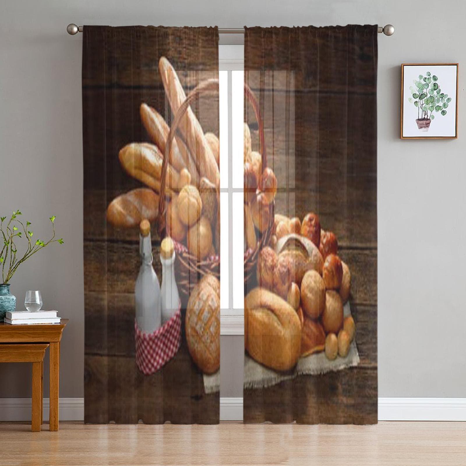 Variety Of Bread In Wicker Basket On Old Wooden Sheer Curtains for Living Room Tulle Window Curtain Bedroom Kitchen Veil Drapes 135W x 114H(cm)