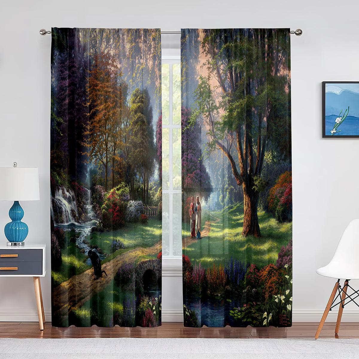 Fantasy Landscape Chiffon Sheer Curtains House By The Mountain and River Voiles Tulle Curtain  for Living Room Home Decoration 1 PCS W100XH250cm&Grommet Top