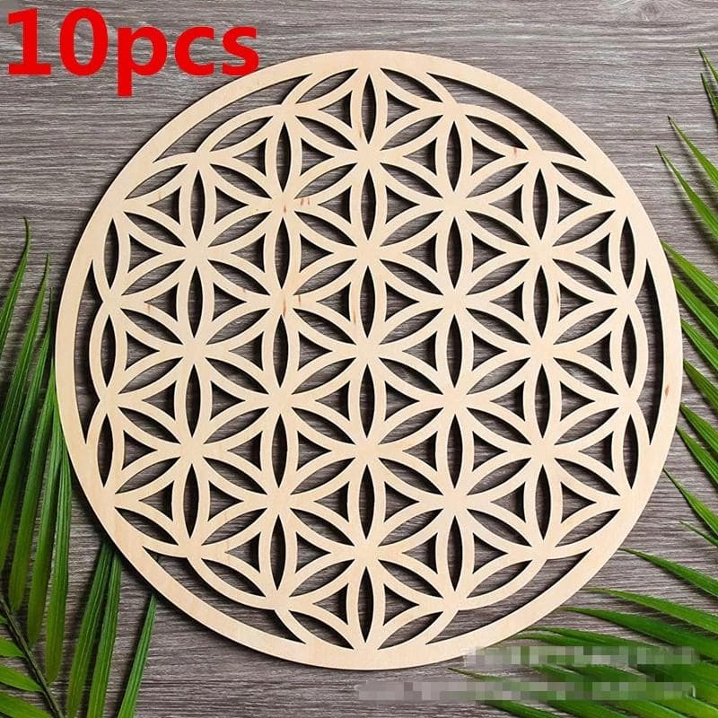 10pcs Flower of Life Natural Symbol Wood Round Edge Circles Carved Coaster For Stone Crystal Set DIY Decor Mats Pads 10cm