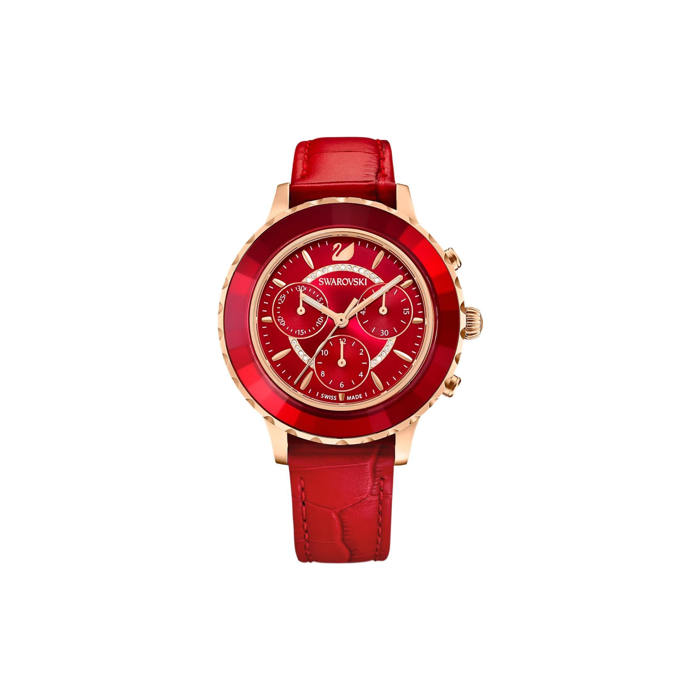 Swarovski Octea Lux Chrono Watch Quartz Movement Leather Strap Red Dial 50m Water Resistant Women watches 5646975 Red Watch Dial