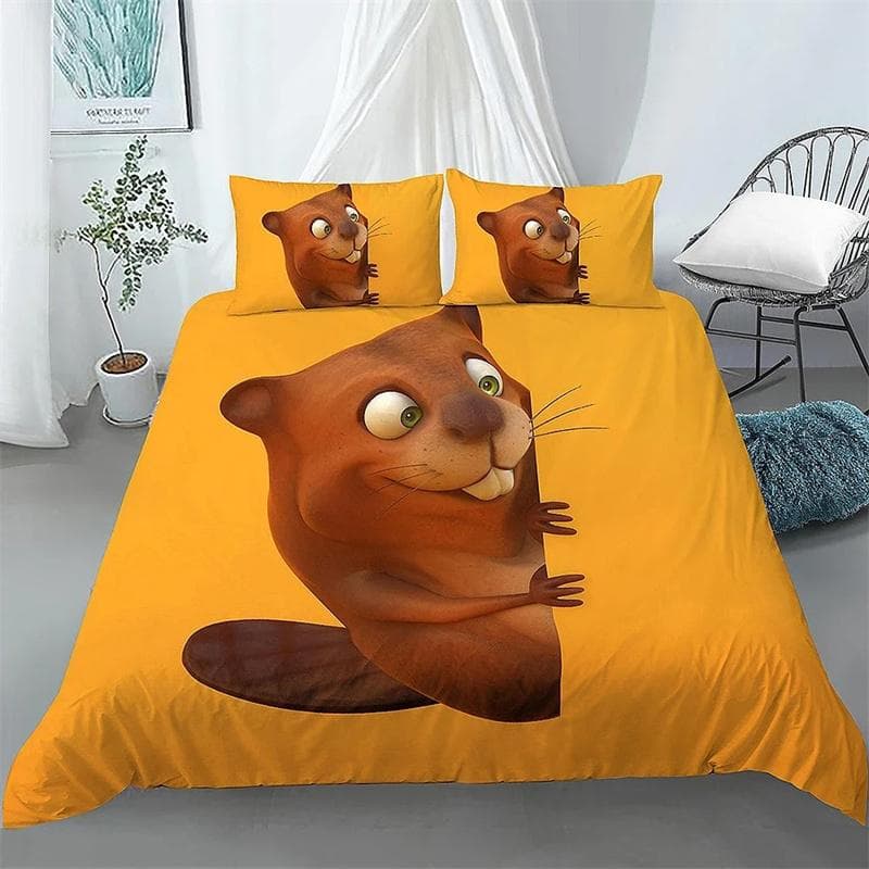 Cartoon Beaver Duvet Cover King Queen Funny Lovely Animal Bedding Set Kids Girls Wildlife Polyester Comforter Cover Pillowcase 135X200cm-2pcs