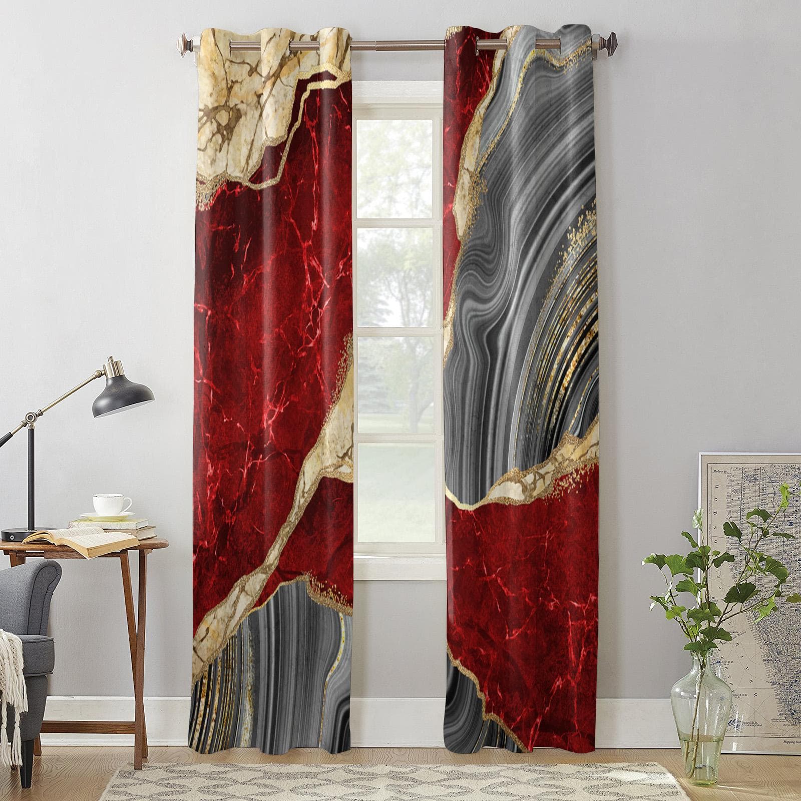 Red Marble Texture Curtains for Bedroom Living Room Window Curtain Treatments Blinds Kitchen Home Decor Drapes 135W x 60H(cm) x1