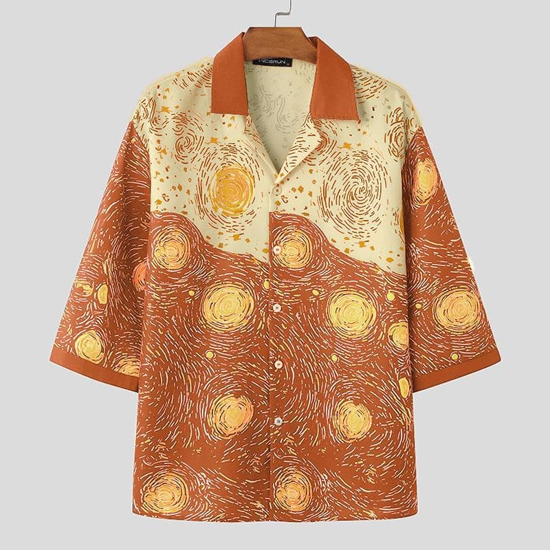 INCERUN Men Lapel Nevk Half Sleeve Buttons Floral Print Casual Loose Shirts 3XL orange