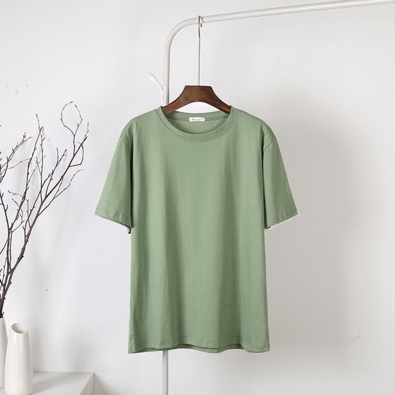 Hirsionsan Solid Cotton T Shirt Women Summer Loose Basic Short Sleeves O Neck Tees Casual Harajuku Soft Tshirt Plus Size Female Tops L green