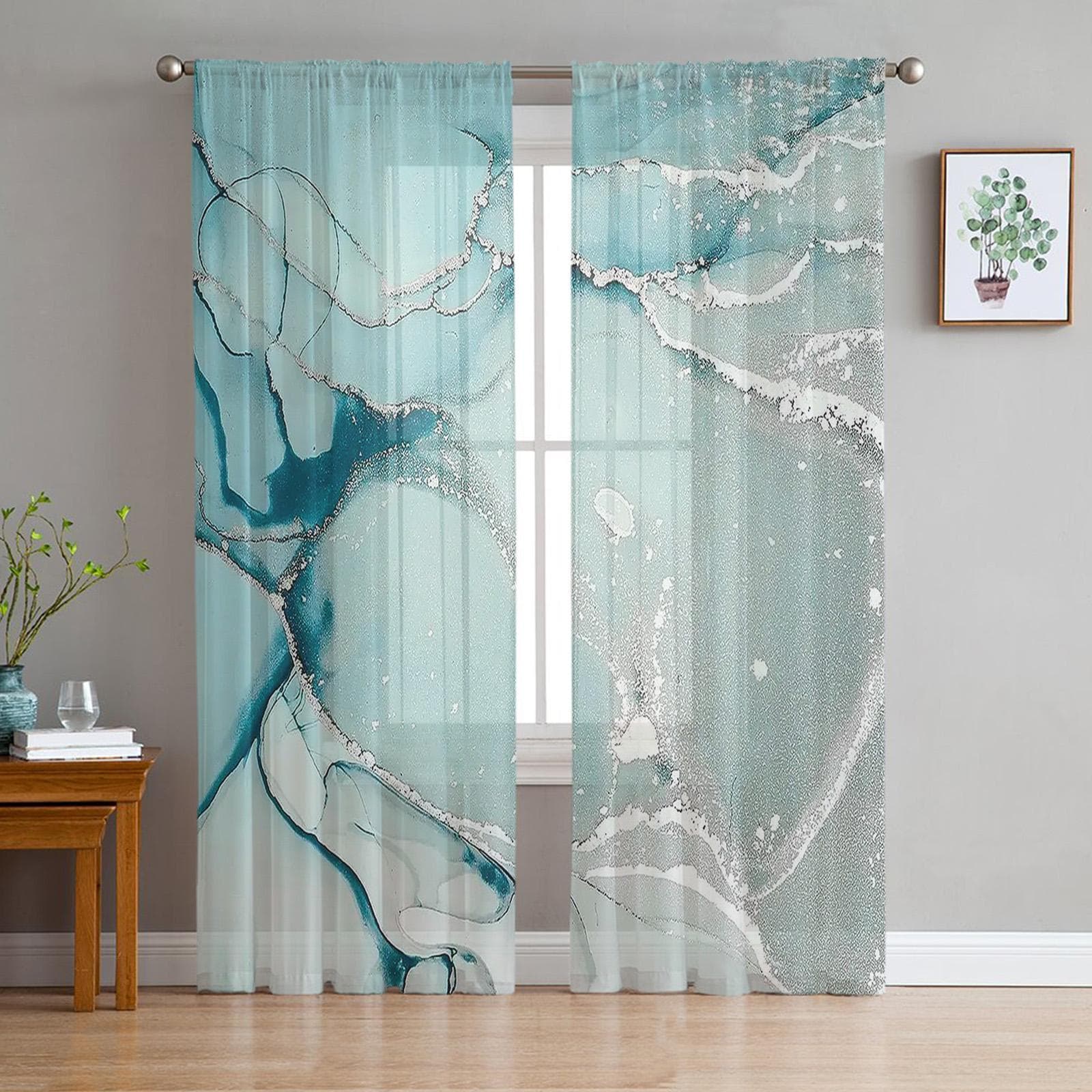 Blue Marble Texture Sheer Curtains for Living Room Voile Curtain Bedroom Bathroom Tulle Curtains Window Drapes 135W x 114H(cm)