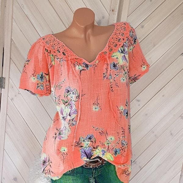 Summer Casual Women's Printed V Neck T Shirt Lace Short Sleeve Top L orange