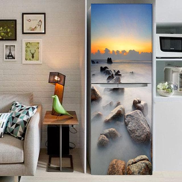 Fridge Stickers Refrigerator Cover Door Landscape Plant Sea Vinyl Self Adhesive Kitchen Furniture Decor Wrap Freezer Sticker DIY 40x120cm