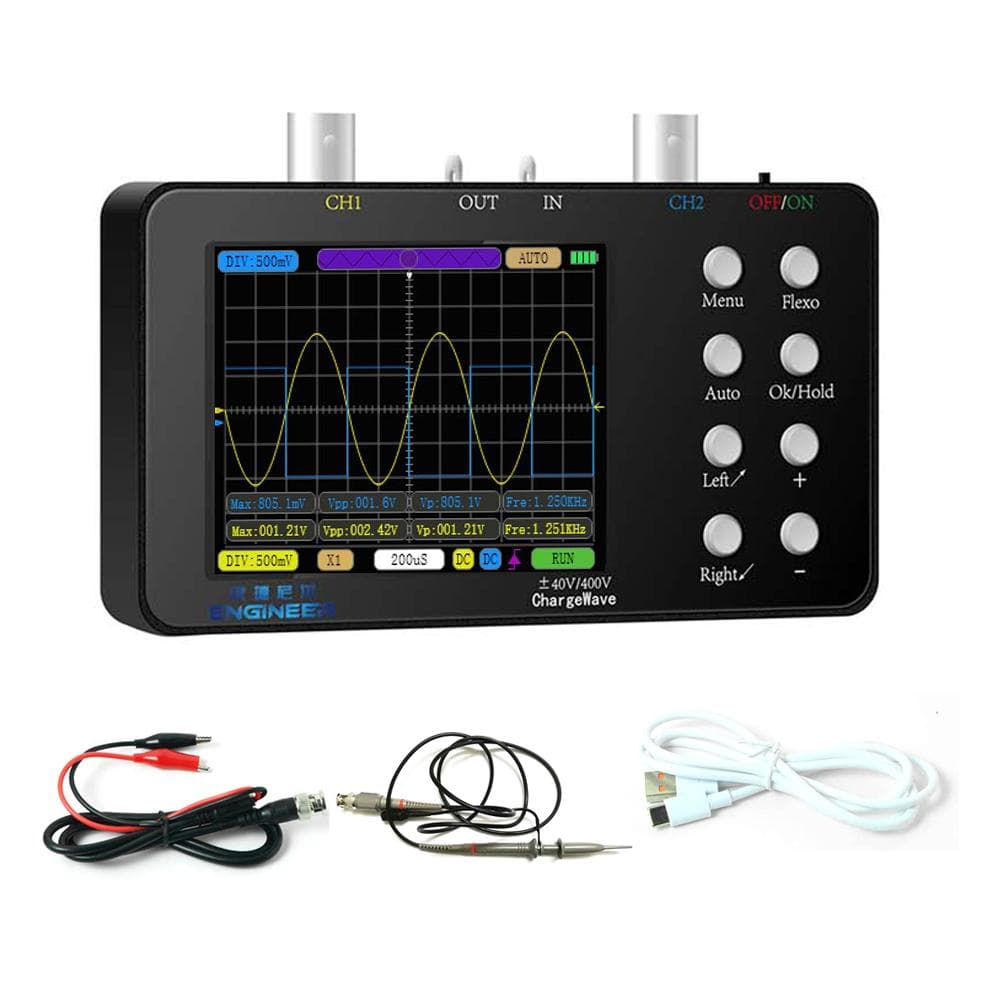 Compact Portable Digital Oscilloscope 50M Sampling Rate 10M Analogue Bandwidth Handheld Current 2pcs Alligator cable multicolour