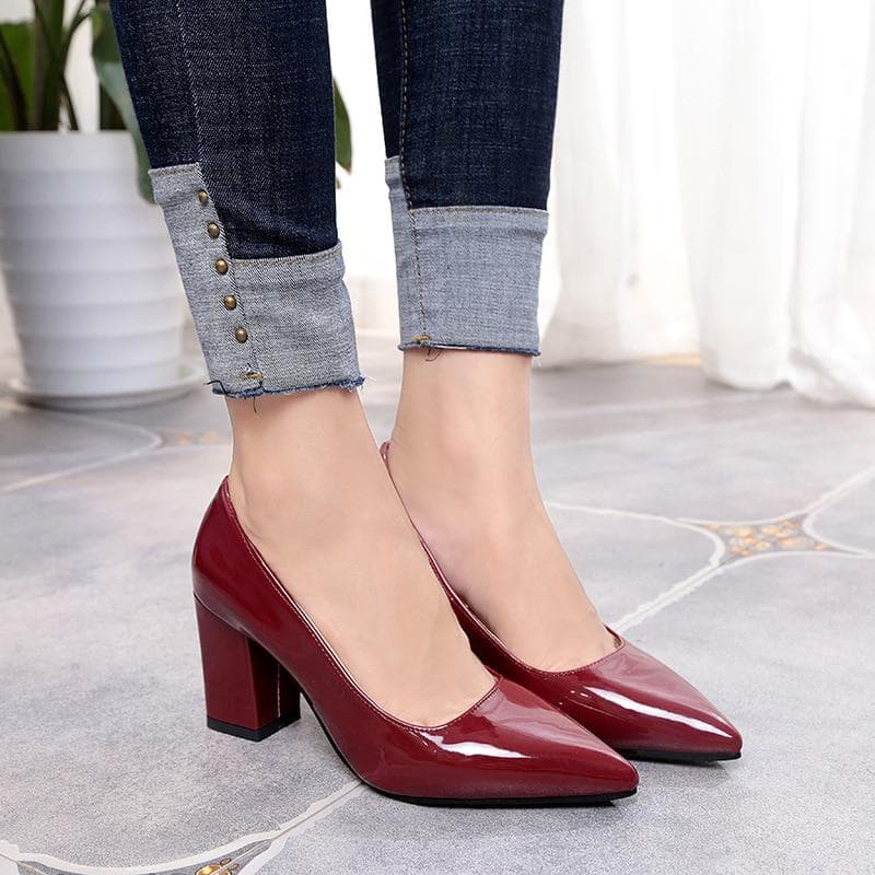 Women High Heels Lady Patent Leather Thick with Autumn Pointed Shoes Female Sandals 38 wine red