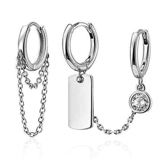 2Pcs/Set Chain Pendant Circle Alloy Piercing Asymmetric Ear Clips Hoop Earrings for Daily Life silver