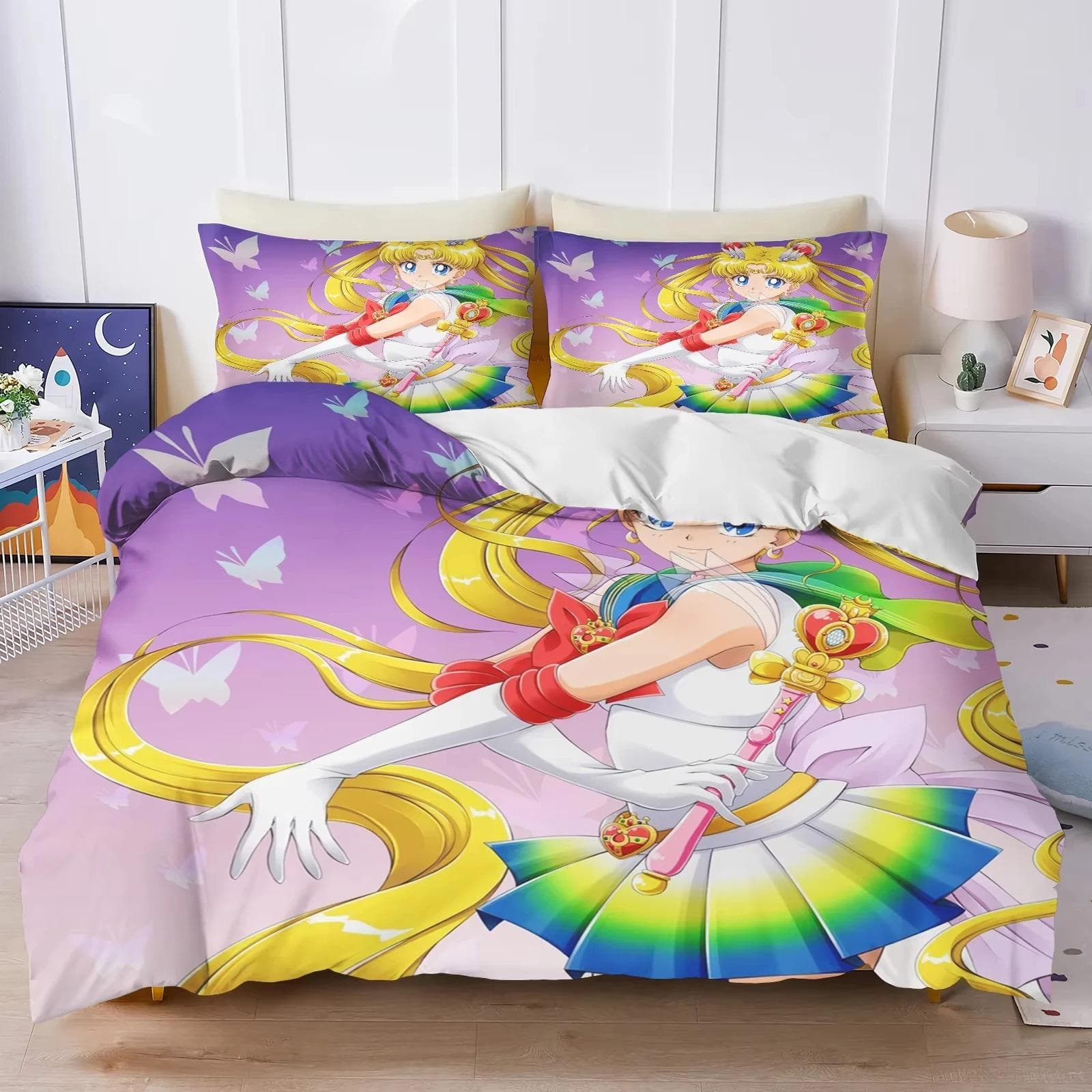 Anime S-Sailor & M-Moon Bedding Set,Duvet Cover Comforter Bed Set Quilt Cover Pillowcase,King Queen Twin Size Boys Girls Adults AU Single 140x210cm