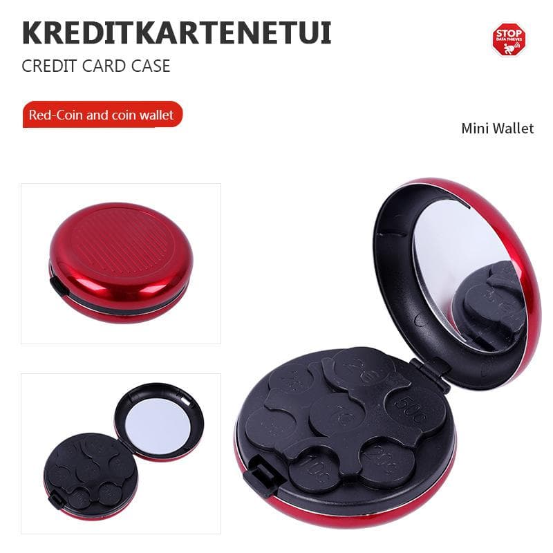Fashion Creative Mini Euro Coin Storage Box With Mirror Travel Portable Aluminum Alloy Circular Euro Zero Wallet Coin Purses red