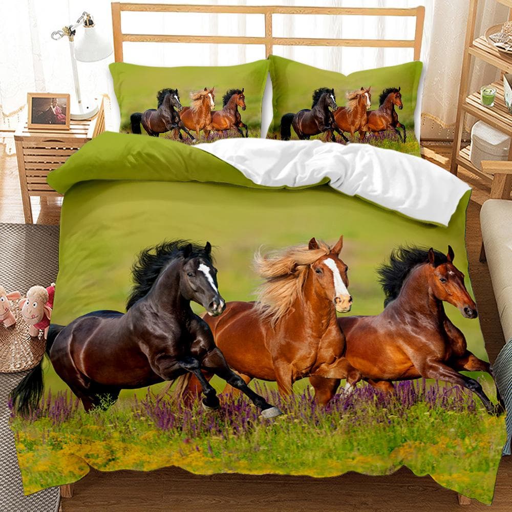Horse Bedding Set Queen Size,Pony Decorative 3 Piece Bedding Set With 2 Pillow, Horse Freedom Runs Gallop Farm Print Duvet Cover EU Double(200x200cm)