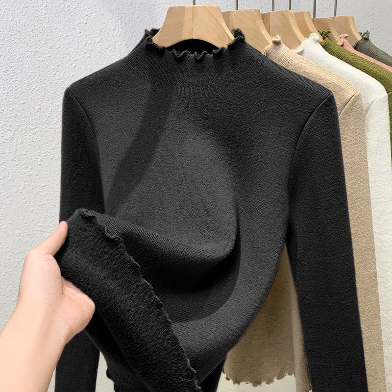 Semi-turtleneck Knitted Sweater Women's Clothing Fleece Thickened Bottoming Shirt Thermal Inner Top 3XL black