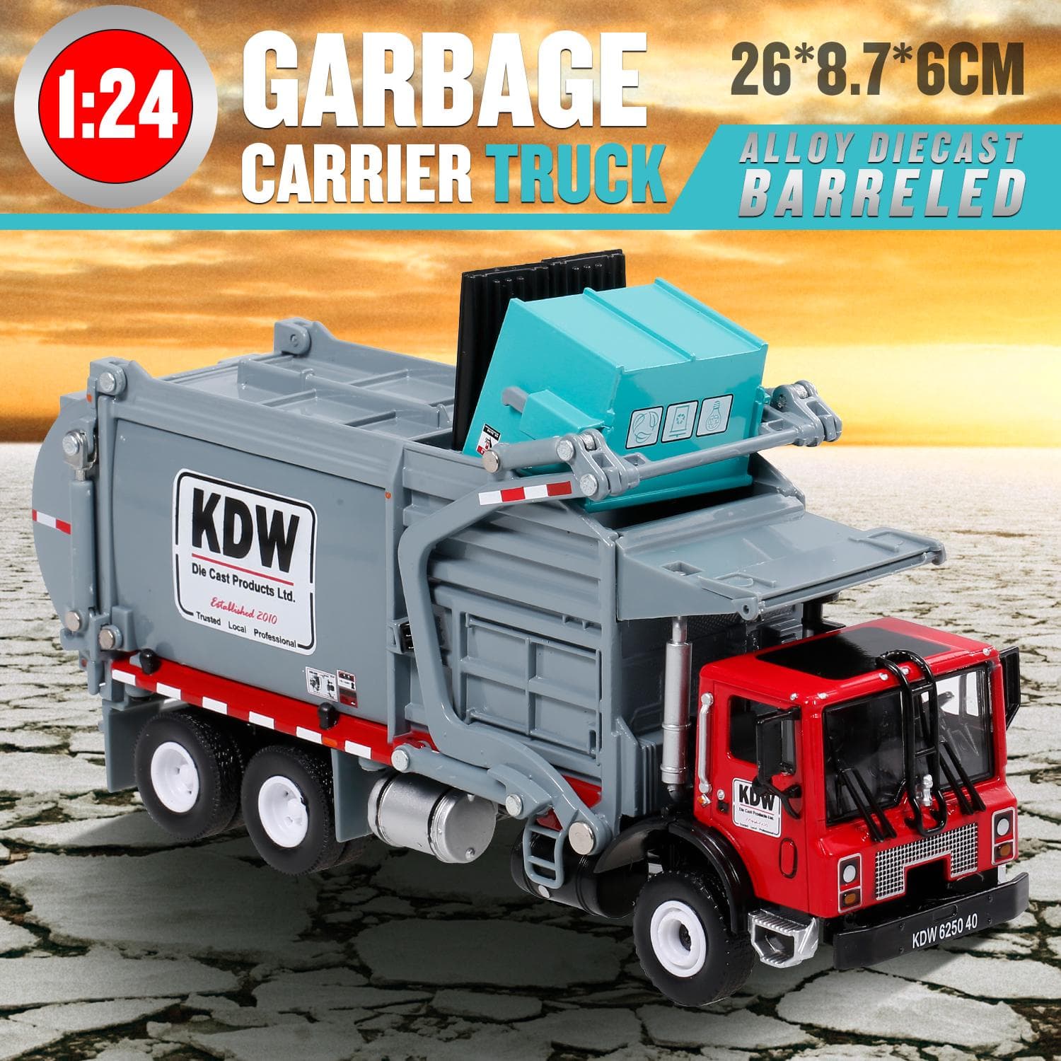 Alloy Diecast Barreled Garbage Carrier Truck 1:24 Waste Material Transporter Vehicle Mod Collector red
