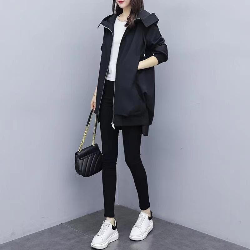 Spring and Autumn New Korean Version of Casual Temperament Khaki Thin Hooded Trench Coat Women's Coat XXXL