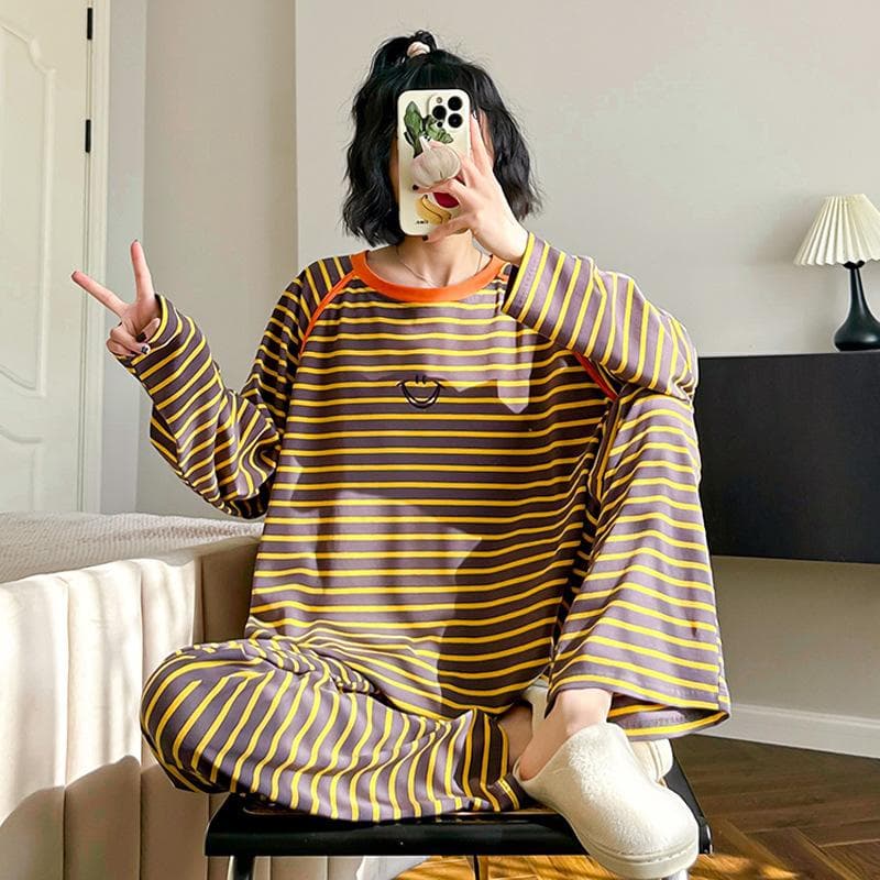 Cotton Striped Pajamas Long-sleeved Round Neck Simple Casual Home Clothes Spring New Pajamas Underwear Underwear Home Clothes One Size yellow