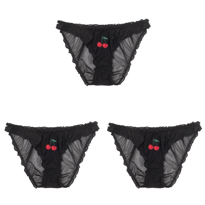 3PCS/Set Women Sexy Lace Lingerie Temptation Low-waist Panties Fruit Ins Embroidery Transparent Briefs Seamless Sweet Underwear L