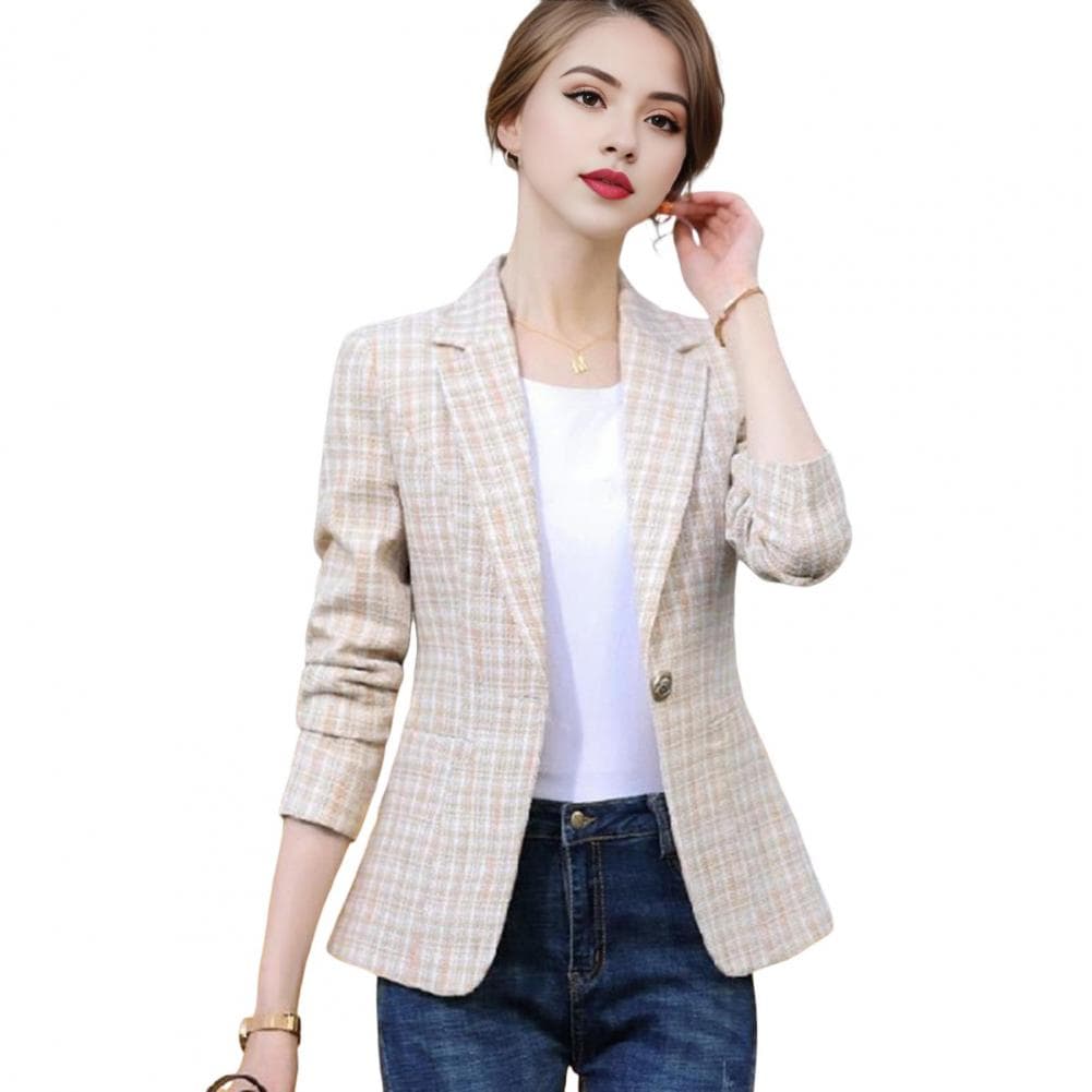 Spring Autumn Suit Coat Women Lapel Long Sleeve Slim Fit Single Button Suit Jacket with Pockets Office Lady Outwear M apricot